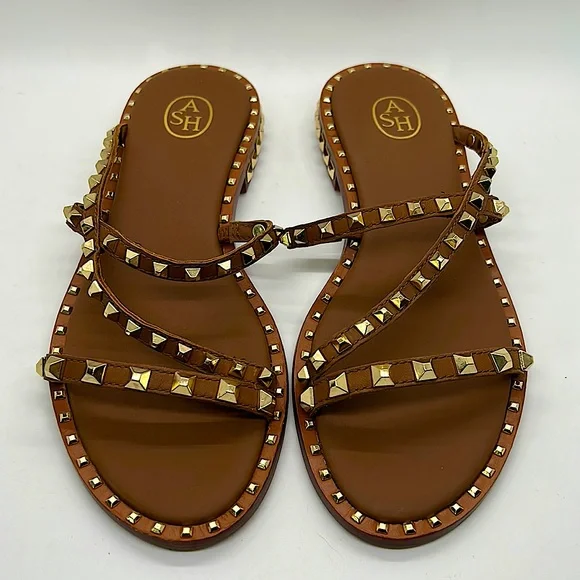 ASH Leather Brown Gold Metal Studded Flip Flop Shoes **Size 37/US Size 6.5-7** - Picture 1 of 5